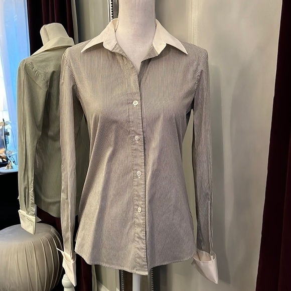 Theory Tops - Theory Striped White Collar French Cuff Button Down Size Medium